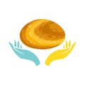 Palyanytsia Ukrainian bread in yellow-blue hands. Loaf with salt. Vector illustration in simple hand drawn style