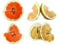 Pamelo big and juicy fruit on a white background, different views on one sheet. Citrus bright color without background.