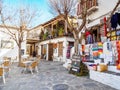 Colorful carpet shops in the streets in Pampaneira village, Spain