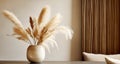 Pampas grass in decorative ceramic vase on table near beige wall and brown curtain. Interior design of modern living room. Royalty Free Stock Photo