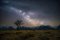 Pampas landscape photographed under starry night sky in Patagonia