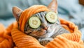 Pampered cat (Felis catus), enjoying a spa day, Love Your Pet Day celebration, Royalty Free Stock Photo