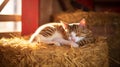 Pampered Cat Sleeping in Cozy Red Barn Royalty Free Stock Photo