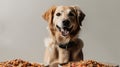 Pampered Pooch: Delighted Dog Enjoying a Hearty Meal. Smiling happy dog standing in front of bowl with dog food on plain Royalty Free Stock Photo