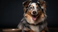 Pampered Pooch: Delighted Dog Enjoying a Hearty Meal. Smiling happy dog standing in front of bowl on plain background. Generative Royalty Free Stock Photo