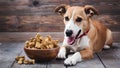 Pampered pup treats in bowl on wooden surface, canine delight