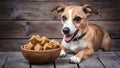 Pampered pup treats in bowl on wooden surface, canine delight