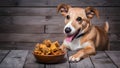 Pampered pup treats in bowl on wooden surface, canine delight