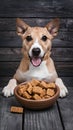 Pampered pup treats in bowl on wooden surface, canine delight