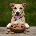 Pampered pup treats in bowl on wooden surface, canine delight