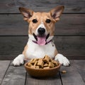 Pampered pup treats in bowl on wooden surface, canine delight