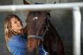 Pampering her horse. A young woman smiling as she brushes her horse in the stable. Royalty Free Stock Photo