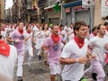 PAMPLONA, SPAIN -JULY 7: Bulls run down the street Royalty Free Stock Photo