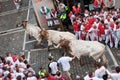 PAMPLONA, SPAIN -JULY 8: Bulls run down the street Royalty Free Stock Photo