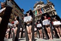 PAMPLONA, SPAIN - JULY 5: People protesting against cruelty to a Royalty Free Stock Photo