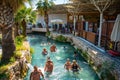 Pamukale, Turkey - September 14, 2022: Tourists enjoying the Antique pool Cleopatra's Bath in Pamukkale, Turkey