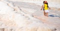 Pamukale / Turkey 17th Sep 2019 :Two ladies walking over the Pamukkale white sedimentary rocks