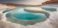 Pamukkale Mineral Hotsprings of Natural Travertine White and Glistening Rain Drops Create Ripples on the Placid Pools of Beatiful