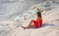 Pamukkale, natural pool with blue water and girl, Turkey