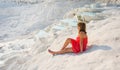 Pamukkale, natural pool with blue water and girl, Turkey