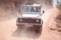 PAMUKKALE, TURKEY - September 18 2015: A group of tourists in a retro jeep rides a safari Royalty Free Stock Photo