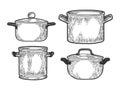 Pan casserole pot set sketch engraving vector