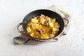 pan with cooked potato fried meat balls with herbs and spice Royalty Free Stock Photo