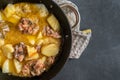 pan with cooked potato fried meat balls with herbs and spice Royalty Free Stock Photo