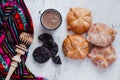 Pan de Muerto and hot chocolate, Mexican bread traditional for day of the Dead in Mexico