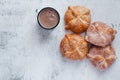 Pan de Muerto and hot chocolate, Mexican bread traditional for day of the Dead in Mexico