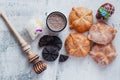 Pan de Muerto and hot chocolate, Mexican bread traditional for day of the Dead in Mexico Royalty Free Stock Photo