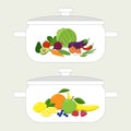 Pan design template, casserole with vegetables and fruits sets on it in flat design. Vector illustration isolated on