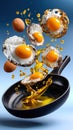 A pan of eggs is being flipped in the air Royalty Free Stock Photo
