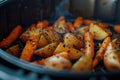 A pan filled with cooked carrots and potatoes, perfect for a meal or side dish Royalty Free Stock Photo