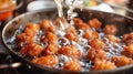 A pan filled with fried food being cooked in a wok, AI