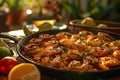 A pan filled with shrimp and rice on a table, a delicious dish ready to eat