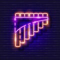 Pan flute neon icon. Multi-barrel flute glowing sign. Musical instrument concept. Vector illustration for Sound recording studio