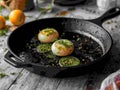 A pan of food with three eggs and parsley on top Royalty Free Stock Photo