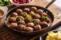 Pan with freshly-made kottbullar meatballs in a sauce Royalty Free Stock Photo