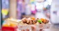 Pan-fried black pork meal in Korea traditional market, delicious korean food cuisine with carrot and shallot green onion, close up Royalty Free Stock Photo