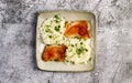 Pan fried chicken thighs with rice and herbs on a white square  plate on a dark background Royalty Free Stock Photo