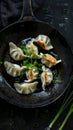 Pan-fried dumplings with soy sauce and green onions