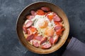 Pan with fried eggs sausages and tomatoes on the table. Rich homemade Breakfast Royalty Free Stock Photo