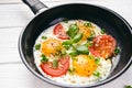 Pan of fried eggs with tomatoes, cheese, spring onion, herbs on a white table. White wooden table. Concept of food. Breakfast time Royalty Free Stock Photo