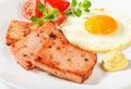 Pan-fried Leberkase with sunny side up fried egg Royalty Free Stock Photo