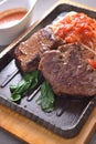 Pan fried prime steak beef with spaghetti