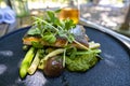 Pan Fried Rainbow Trout with Yellow Beans, New Potatoes, Sweet Peas and New Potatoes Royalty Free Stock Photo