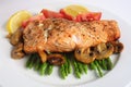 Pan fried salmon, asparagus and mushrooms Royalty Free Stock Photo