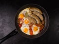 Pan-fried sausages and eggs. View from above