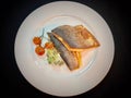 Pan fried sea bass fish fillet in a plate with black background Royalty Free Stock Photo